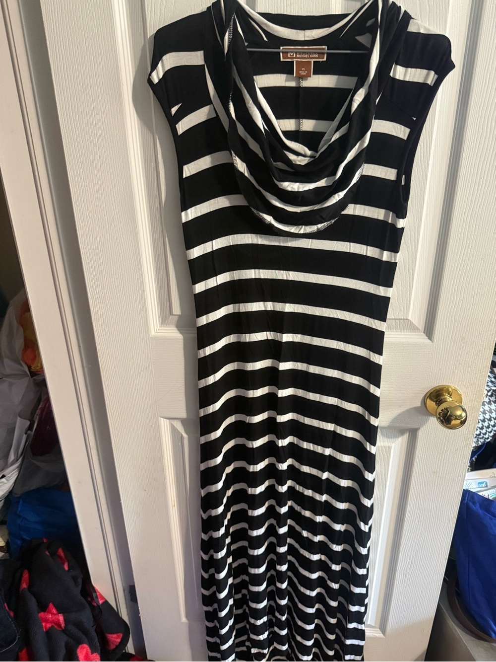 Michael Kors Black and White Striped Cowl-Neck Maxi Dress